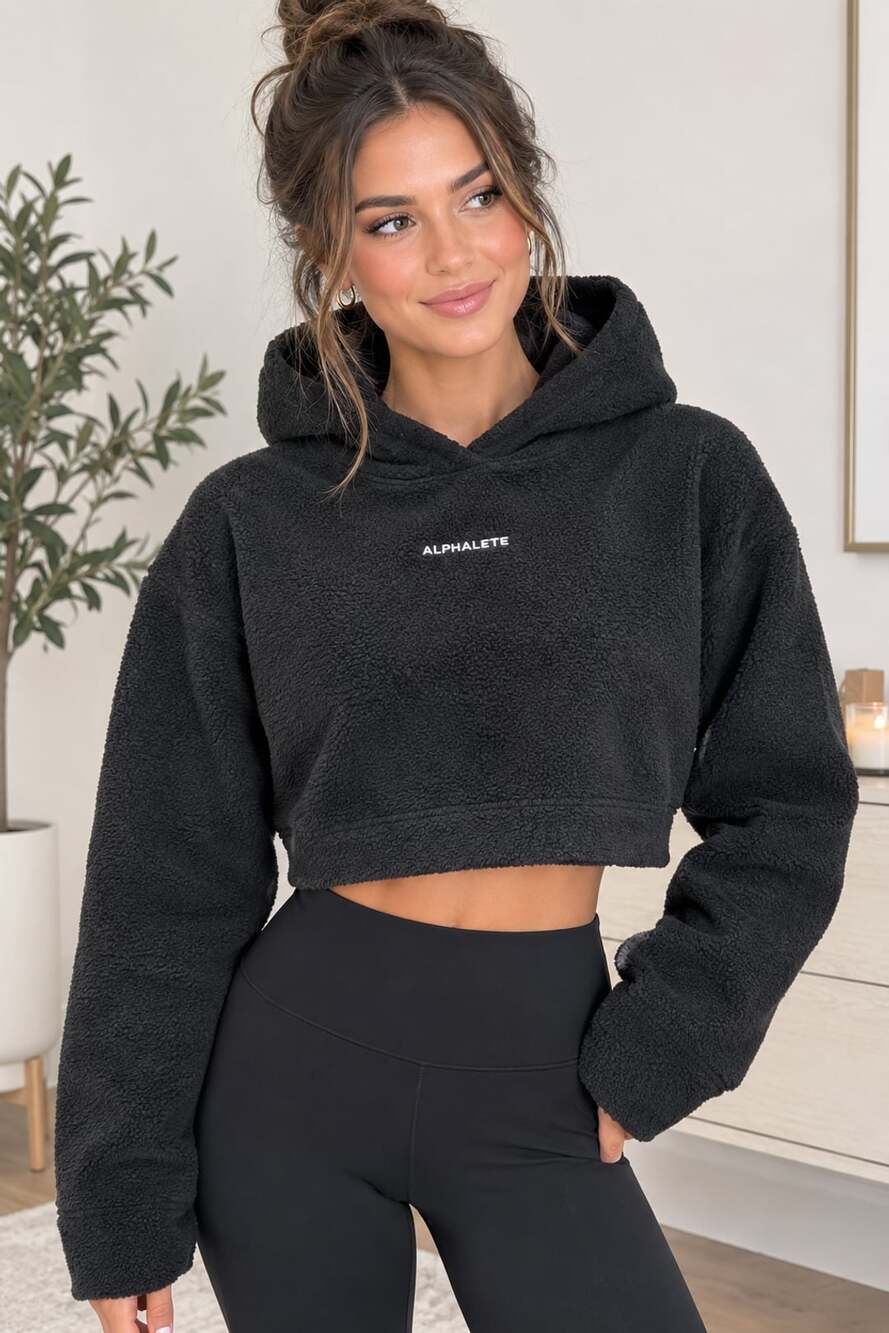 Alphalete Sherpa Cropped Hoodie Medium Black Fleece Pullover